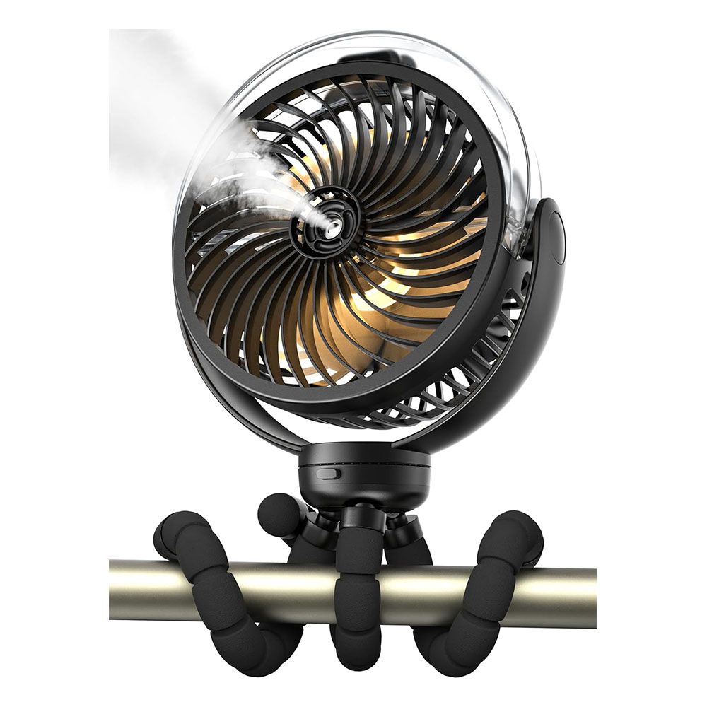 Misting Stroller Fan, 4000mAh Battery Operated Portable Fan with Light and 360 Degree Pivoting, Personal Fans, Black