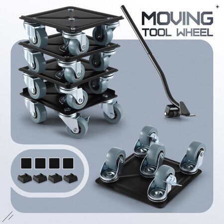 Furniture Dolly Mover 5 Wheel Moving Lifter Slider Trolley Tool Set 360 Degree Swivel Steel Heavy Duty 500kg Appliance Equipment Sofa Bed Piano Safe