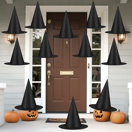 12 PCS Witch Hats,Thickened Hanging Witches Hat Halloween Decor,Black Wizard Hat with 32M Rope Witches Hats to Hang from Ceiling
