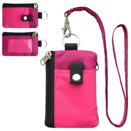Minimalist RFID Blocking Small Wallet with ID Window,WaterResistant Zip Id Case Wallet with Lanyard Keychain for Cards,Cash,Travel,Women,Men (Pink)