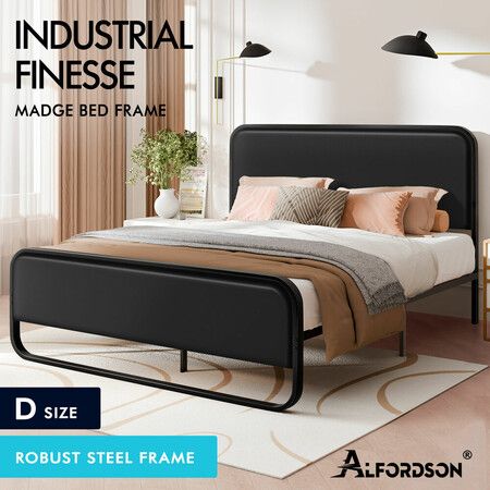ALFORDSON Metal Bed Frame Double Size Upholstered Headboard Black Leather MADGE