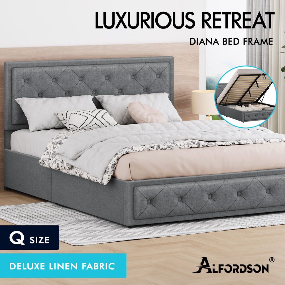 ALFORDSON Bed Frame Queen Size Gas Lift Storage Mattress Base Fabric Grey DIANA