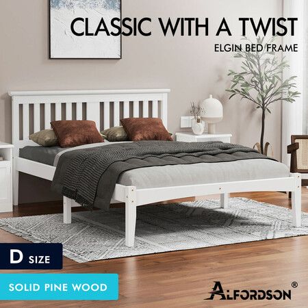 ALFORDSON Bed Frame Wooden Timber Double Size Mattress Base Platform White ELGIN