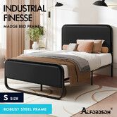 ALFORDSON Metal Bed Frame Single Size Upholstered Headboard Black Leather MADGE