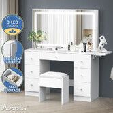 ALFORDSON Dressing Table Stool Set Makeup Mirror LED Vanity Desk 7 Drawers White