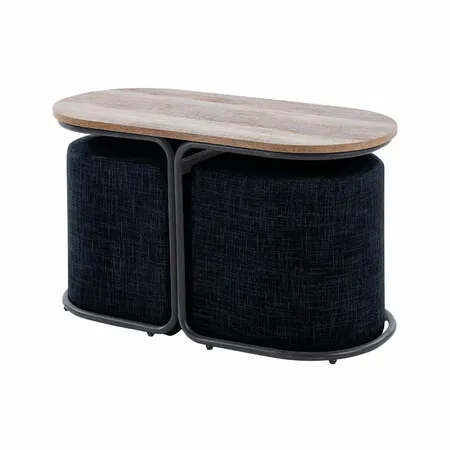 3 Piece Set Coffee Table & Ottoman Wood Side End Table Industrial - Black