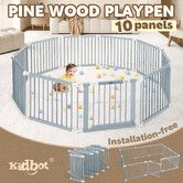 Kidbot Baby Playpen 10 Panel Wooden Safety Gate Kids Pet Dog Activity Centre Fence Play Yard Pen Travel Foldable Toddler Guard Barrier Safe Enclosure
