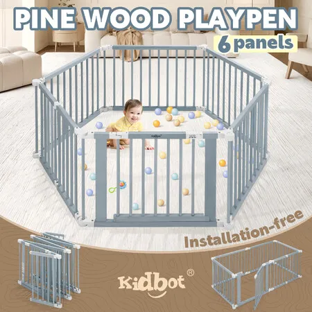 Kidbot Baby Playpen 6 Panel Kids Wooden Safety Gates Pet Dog Fence Enclosure Child Toddler Activity Centre Foldable Play Pen Yard Barrier Travel Guard