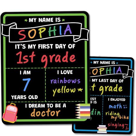 First Day of School Chalkboard,Reusable Back to School Sign, 35 x 28 cm Beautiful Double Sized First Day of School Board,Paper Preschool Signs,2 Pack