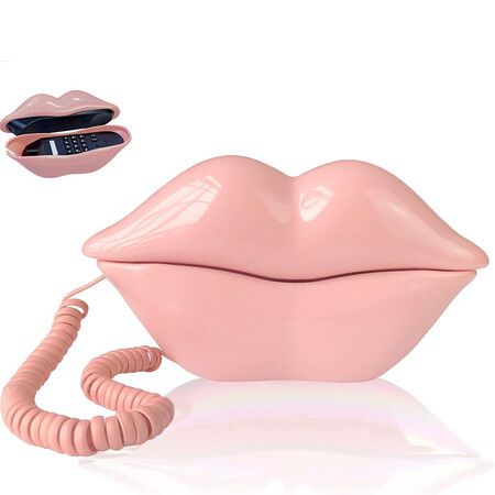 Landline Phones for Home, Corded Lip Phone, Retro Desktop Home Phone, Analog Novelty Mouth Telephone for House, Office, Hotel, Shops, Party, Pink