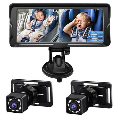 6.86inch 8 LED light sensor Rear Seat Backseat View Car Camera HD1080P Split Screen 360 Wide Dual View Infrared Night Vision Rear Facing Mirror