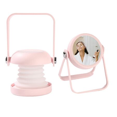 Retractable Night Light Makeup Mirror Portable LED Desk Lamp 3 Color Modes USB Rechargeable Eye Care Reading Christmas Birthday Gift COL Pink