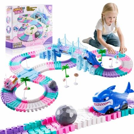 DIY Unicorn Racing Track Toy 194 Pieces Flexible Car Race Track Set with Shark Ball Gift for Boys Girls from 3+ Years Old