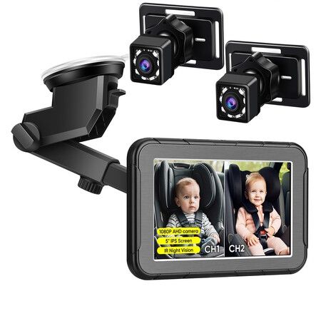 5inch 8 LED AHD light sensor Rear Seat Backseat View Car Dual Cameras HD1080P Split Screen 270 Wide Dual View Infrared Night Vision Rear Facing Mirror