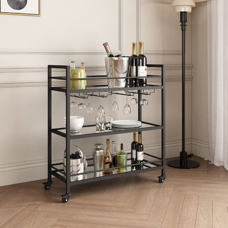 Black Bar Cart Drinks Trolley Coffee Tea Wine Home Kitchen Serving Rack Cocktail Glass Bottle Holders Hooks Curtain Wall Mirror Storage Shelves Metal