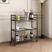 Black Bar Cart Drinks Trolley Coffee Tea Wine Home Kitchen Serving Rack Cocktail Glass Bottle Holders Hooks Curtain Wall Mirror Storage Shelves Metal