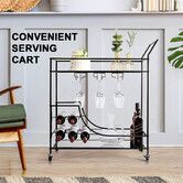 Black Bar Cart Drinks Trolley Mobile Coffee Tea Wine Kitchen Serving Rack Glass Bottle Holders Hooks Curtain Wall Mirror Storage Shelves with Wheels