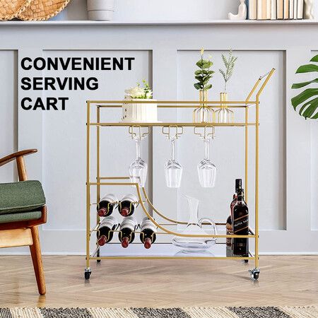 Gold Bar Cart Drinks Trolley Wine Coffee Tea Kitchen Serving Mobile Rack Hooks Holders Curtain Wall Mirror Storage Shelves Metal Frame Rolling Wheels