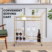 Gold Bar Cart Drinks Trolley Wine Coffee Tea Kitchen Serving Mobile Rack Hooks Holders Curtain Wall Mirror Storage Shelves Metal Frame Rolling Wheels