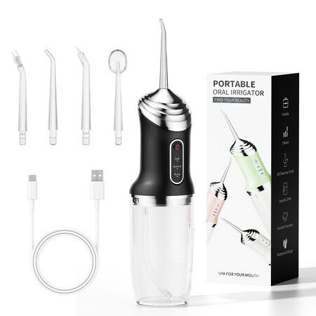 Electric Water Flosser Cordless for Teeth 3 Modes 4 Jet Tips Cleaning and Flossing Water Dental Portable Floss Irrigator for Men Women, Black