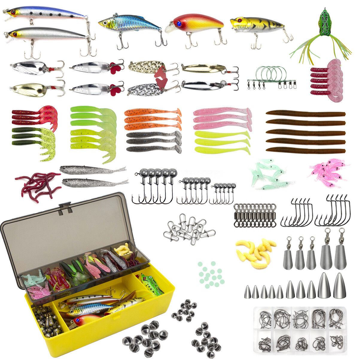 Fishing Lures Tackle Set 303Pc Crankbait Spinnerbait Worm Jig Soft Hard Lures Salt water Topwater Gear Box Bass Trout Christmas Father Day Gift