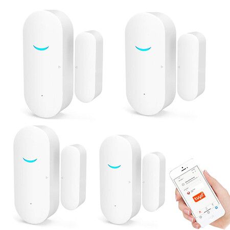 4 Pack WiFi Door and Window Sensors, Tuya Smart Alarm with Notification APP Control Home Security Alarm System