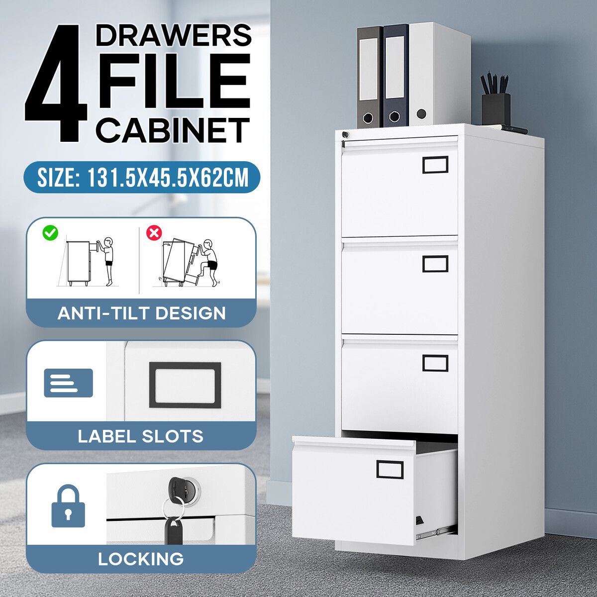 4 Drawer File Cabinet Steel Office Storage Metal White Chest Cupboard Vertical Filing Organiser Locking Unit Furniture for Letter Legal A4 F4 Document