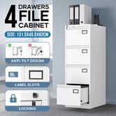 4 Drawer File Cabinet Steel Office Storage Metal White Chest Cupboard Vertical Filing Organiser Locking Unit Furniture for Letter Legal A4 F4 Document