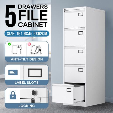 5 Drawer File Cabinet Steel Office Storage Furniture Metal White Home Cupboard Locking Filing Organiser Vertical Unit for Letter Legal A4 F4 Documents