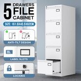 5 Drawer File Cabinet Steel Office Storage Furniture Metal White Home Cupboard Locking Filing Organiser Vertical Unit for Letter Legal A4 F4 Documents