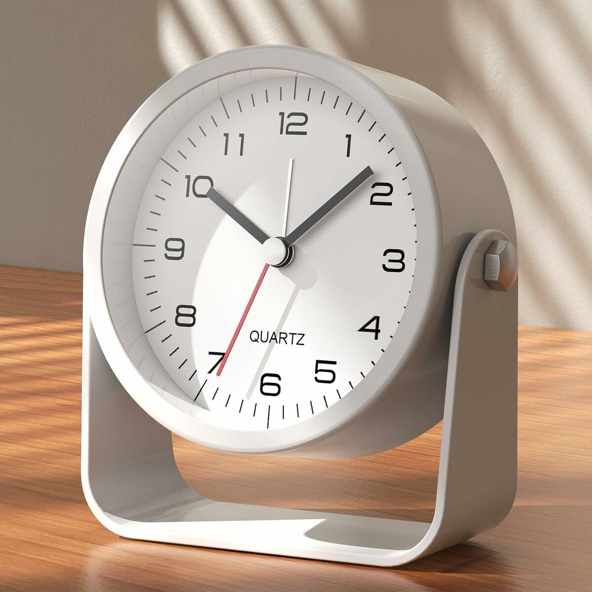 Small Analog Alarm Clocks, Battery Operated Desk Clock with Light, Adjustable Angle for Bedroom Living Room Decor (White)