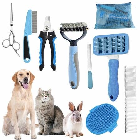 Pet Brush For Shedding Grooming,9 Pcs Pet Hair Brush Kit With Nail Clippers And File Brush Comb For All Small And Large Dogs,Cats Color Blue