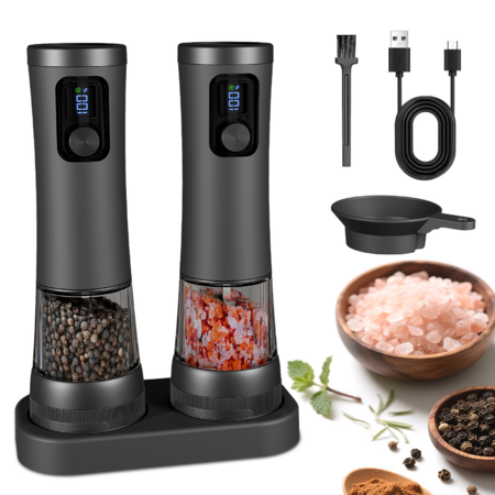 Electric Salt and Pepper Grinder Set Ceramic Grinder Automatic Pepper Mills with Battery Display Rechargeable Base with 5 Level Adjustable Coarseness