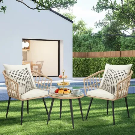 Outdoor Table and Chairs 3 Piece Wicker Side Glass Coffee Dining Set Garden Patio Lounge Setting Bistro Rattan Furniture Cushions Balcony Conversation