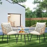 Outdoor Table and Chairs 3 Piece Wicker Side Glass Coffee Dining Set Garden Patio Lounge Setting Bistro Rattan Furniture Cushions Balcony Conversation