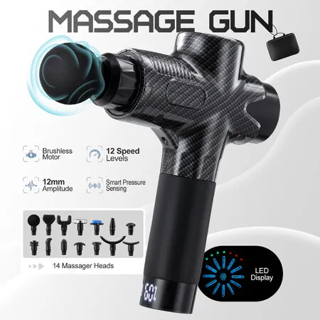 Muscle Massage Gun Brushless Motor Portable Handheld Body Fascia Deep Tissue 14 Heads Heat Cold Percussion Vibration Electric Neck Leg Back Massager