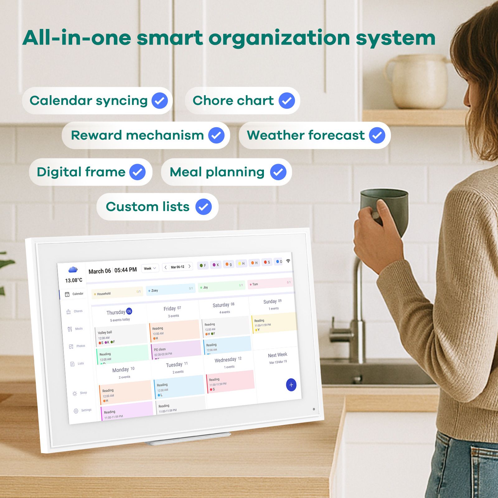 WiFi Wall Digital Calendar Planner 15.6 Inch Touch Screen Chore Chart Smart Electronic HD IPS Display Family Meal Schedule Organiser Video Photo Frame