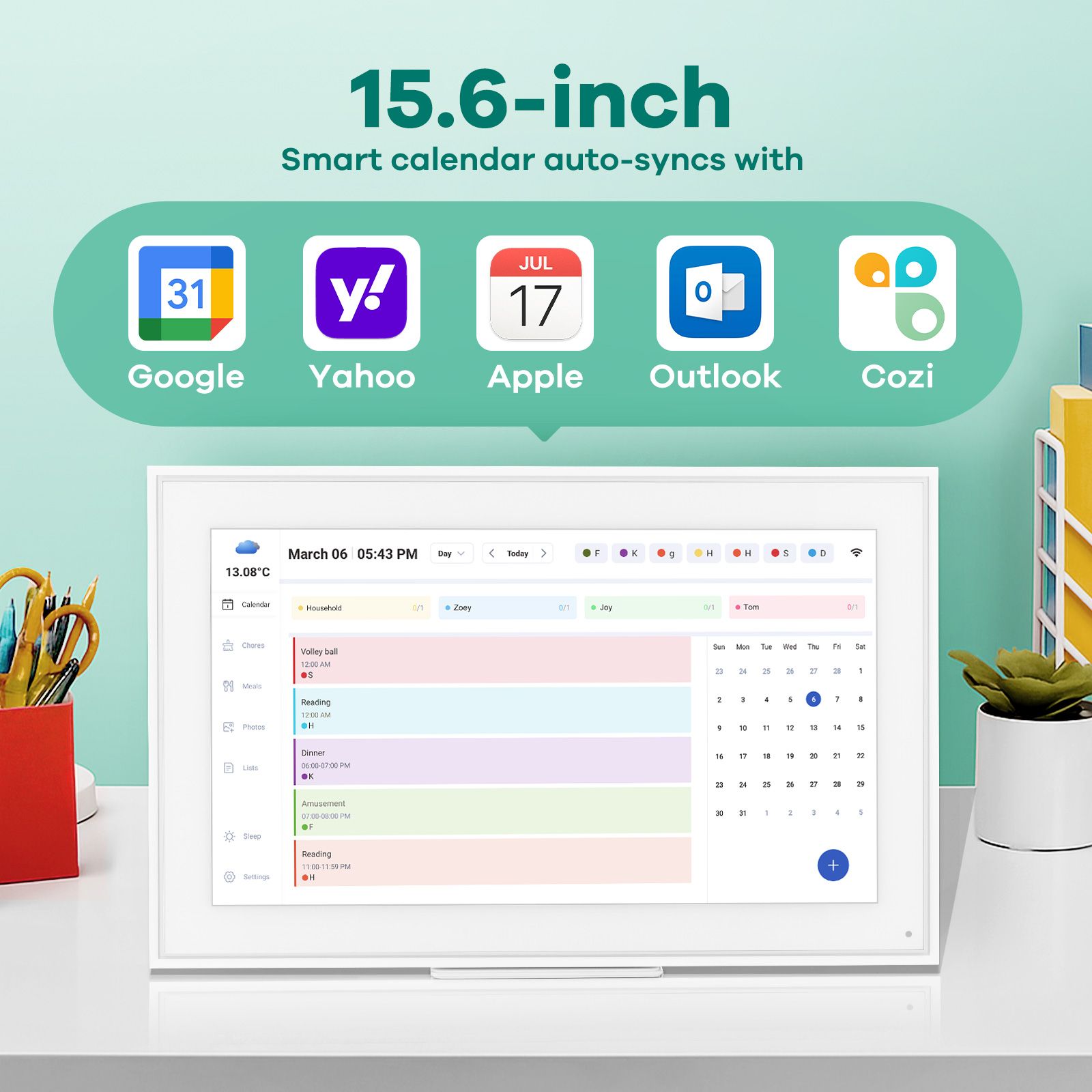 WiFi Wall Digital Calendar Planner 15.6 Inch Touch Screen Chore Chart Smart Electronic HD IPS Display Family Meal Schedule Organiser Video Photo Frame