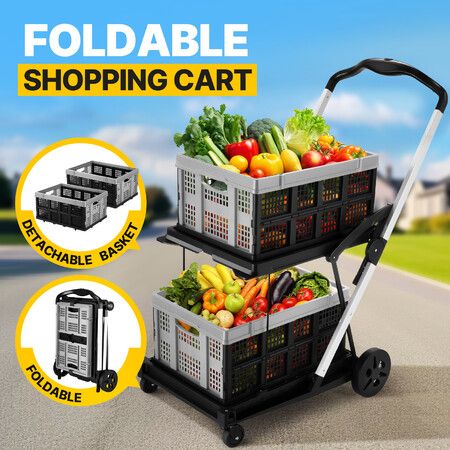 Folding Hand Truck Dolly Luggage Utility Cart Shopping Trolley Collapsible Foldable 2 Baskets Office Moving Grocery Camping Gym Tennis Ball 4 Wheels