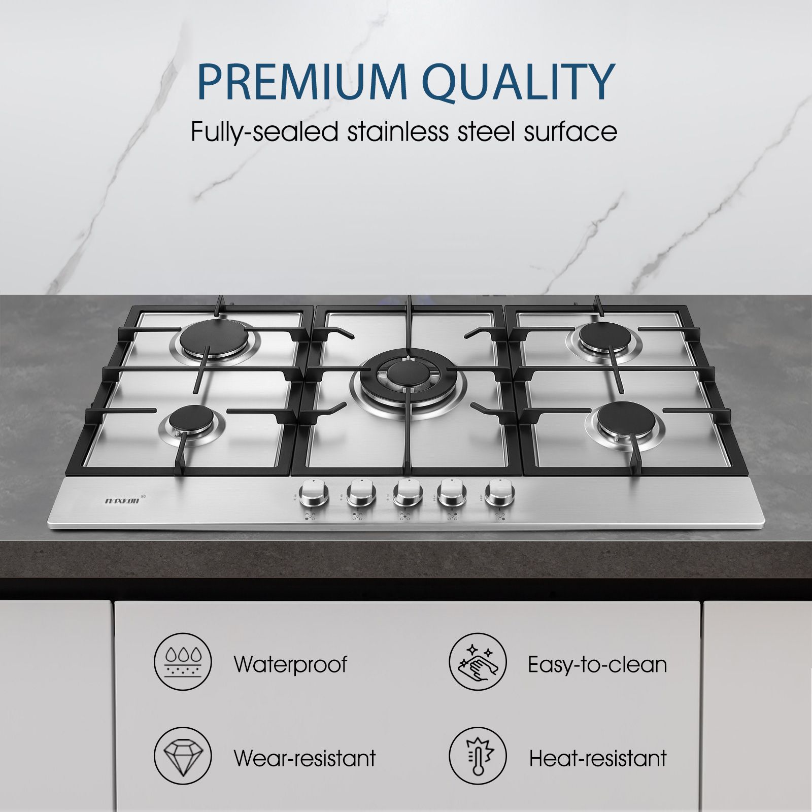 Maxkon Gas Cooktop Stove Top 5 Burner Cooker Stovetop 87cm Kitchen Home Cooking Hob NG LPG Conversion Stainless Steel Surface Metal Knobs Cast Iron