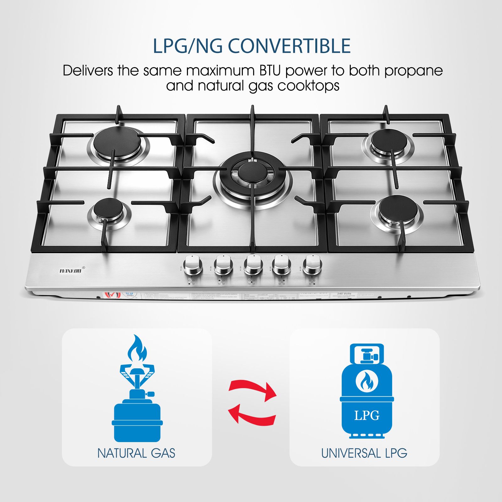 Maxkon Gas Cooktop Stove Top 5 Burner Cooker Stovetop 87cm Kitchen Home Cooking Hob NG LPG Conversion Stainless Steel Surface Metal Knobs Cast Iron