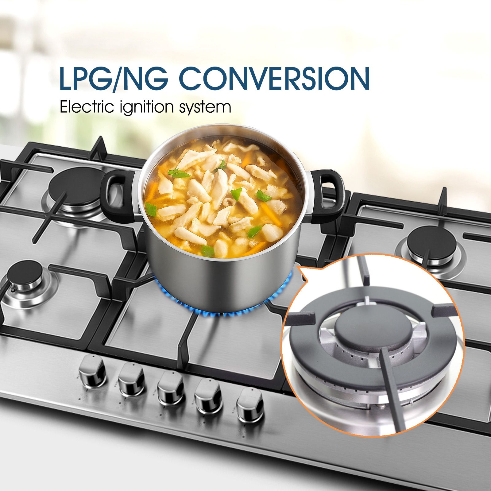 Maxkon Gas Cooktop Stove Top 5 Burner Cooker Stovetop 87cm Kitchen Home Cooking Hob NG LPG Conversion Stainless Steel Surface Metal Knobs Cast Iron
