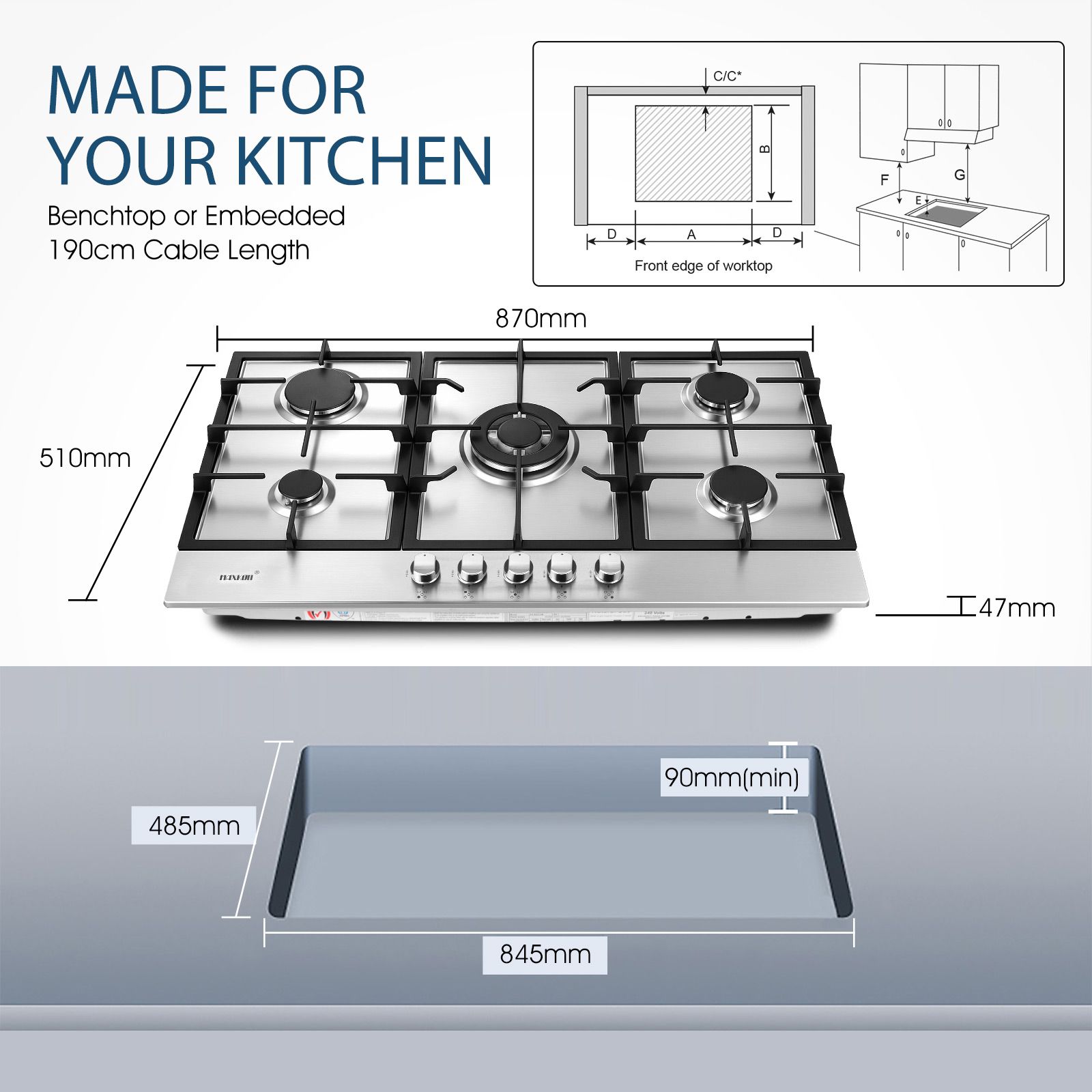 Maxkon Gas Cooktop Stove Top 5 Burner Cooker Stovetop 87cm Kitchen Home Cooking Hob NG LPG Conversion Stainless Steel Surface Metal Knobs Cast Iron