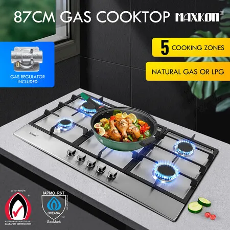 Maxkon Gas Cooktop Stove Top 5 Burner Cooker Stovetop 87cm Kitchen Home Cooking Hob NG LPG Conversion Stainless Steel Surface Metal Knobs Cast Iron