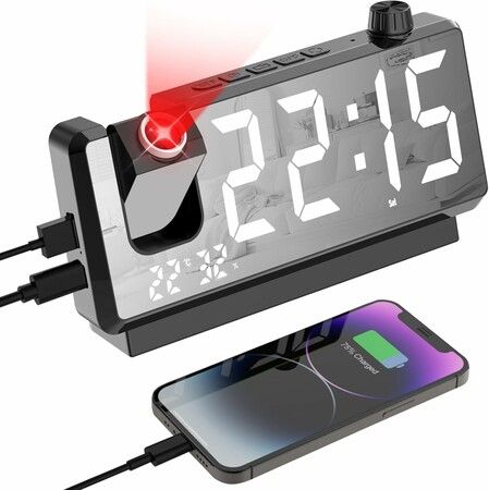 Projection Alarm Clock for Bedroom, Digital Clock with 180 Degree Projector, 7 Inch Large LED Display, Dual Alarms, for Heavy Sleepers, Black