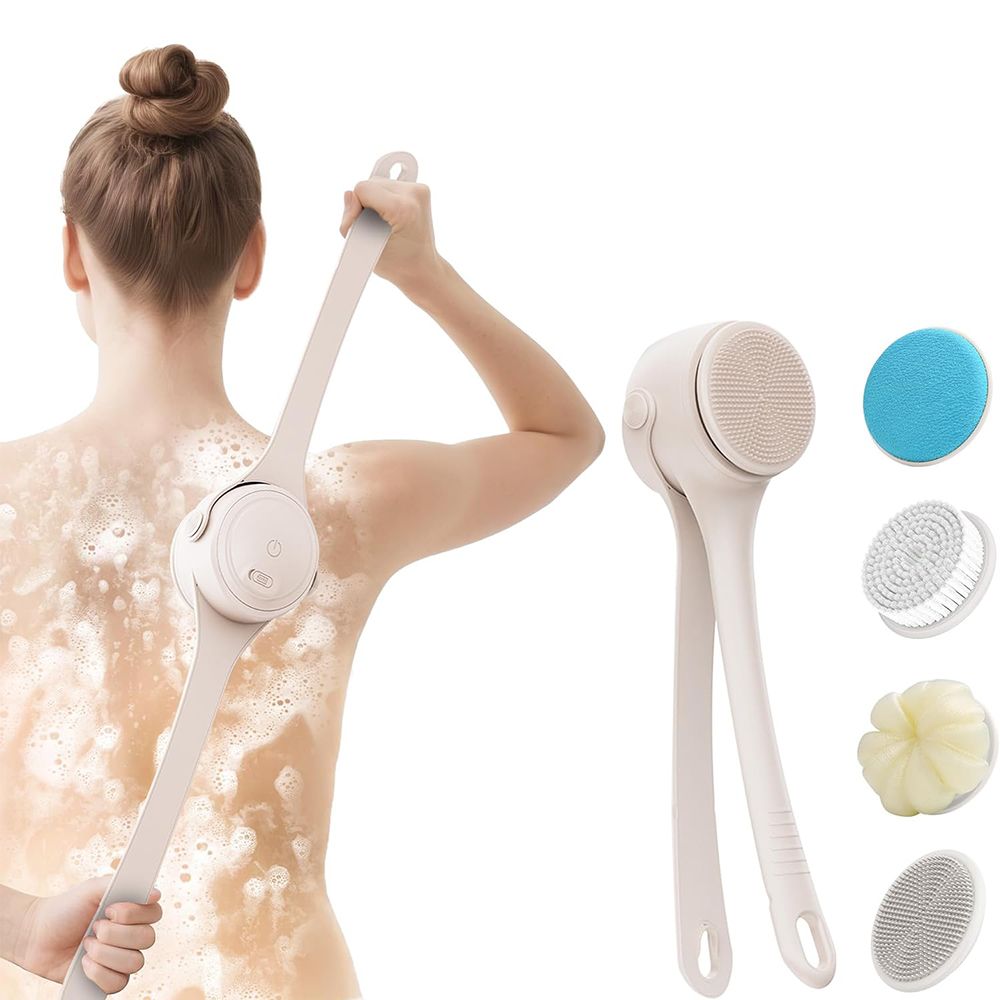 Electric Body Brush Back Scrubber, Waterproof Dual-Speed Bath Brush Long Handle with 4 Heads, Rechargeable Silicone Body Scrubber for Cleansing, Apricot