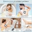 Electric Body Brush Back Scrubber, Rechargeable Spinning Bath Brush with 4 Speeds, Waterproof Long Handle Body Scrubber with 5 Heads (White)