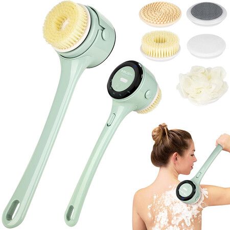 Electric Body Brush Back Scrubber, Rechargeable Spinning Bath Brush with 4 Speeds, Waterproof Long Handle Body Scrubber with 5 Heads (Green)