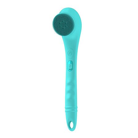 Electric Body Brush Back Scrubber, Silicone Body Scrubber for Cleaning, 4 Attachments Long Handle IPX6 Rechargeable Shower Brush (Green)
