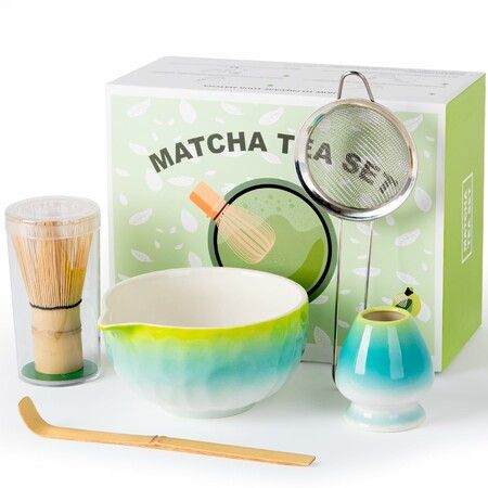 Matcha Whisk Set,5 Pcs Matcha Set Includes Matcha Bowl with Spout,Matcha Whisk,Holder,Bamboo Scoop and Sifter Matcha Kit